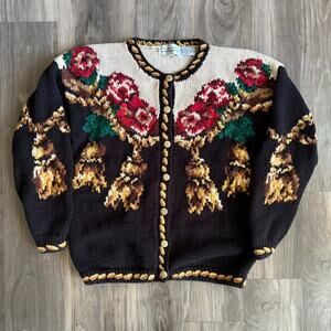 Vintage The Eagle’s Eye Handknit Floral Tassel Cardigan Sweater Womens Size L